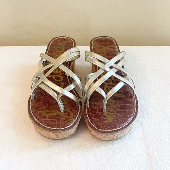 Sam Edelman Sandals 6 Reana Light Gold Strappy Cork Platform Wedge Heel Slides - Picture 3 of 11